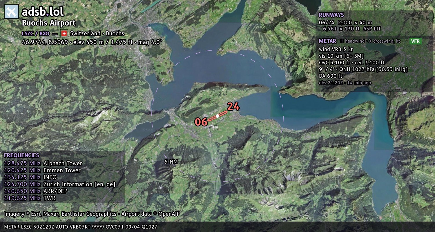 Satellite map with the runway layout of Buochs Airport (LSZC)