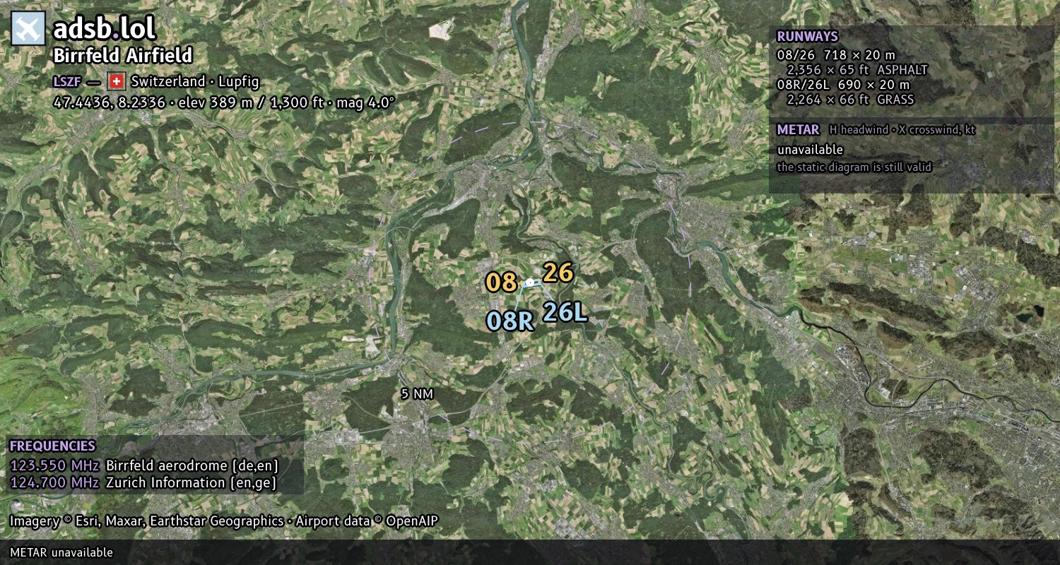 Satellite map with the runway layout of Birrfeld Airfield (LSZF)