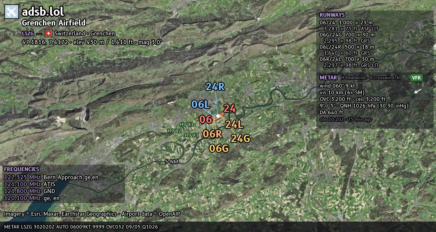 Satellite map with the runway layout of Grenchen Airfield (LSZG)