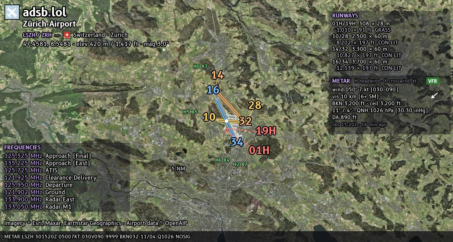 Satellite map with the runway layout of Zürich Airport (LSZH)