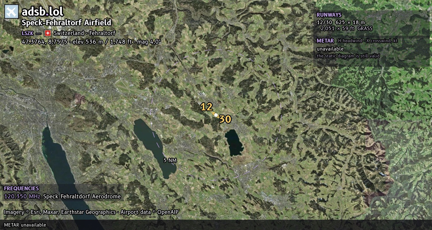 Satellite map with the runway layout of Speck-Fehraltorf Airfield (LSZK)
