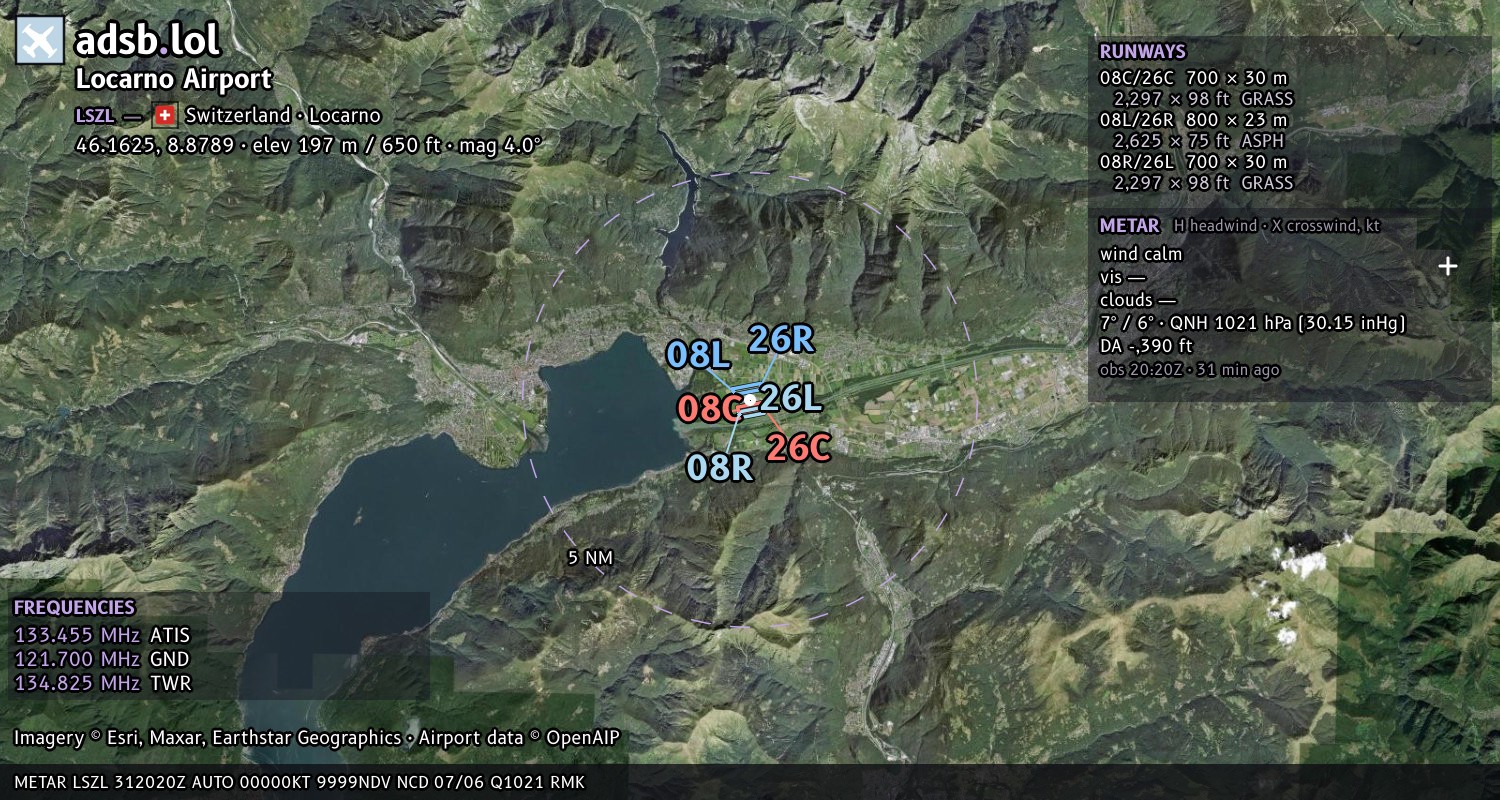 Satellite map with the runway layout of Locarno Airport (LSZL)