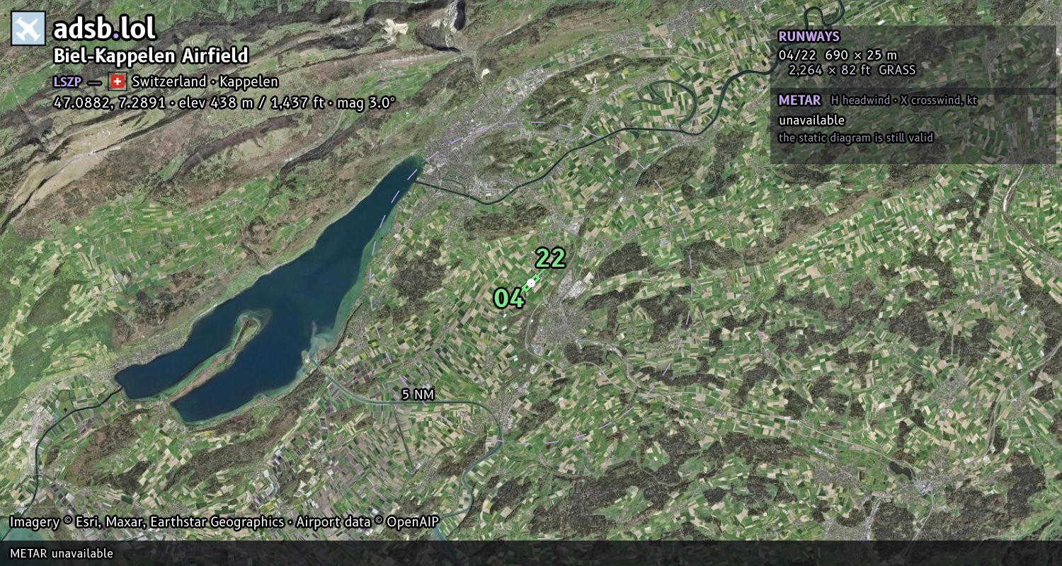 Satellite map with the runway layout of Biel-Kappelen Airfield (LSZP)