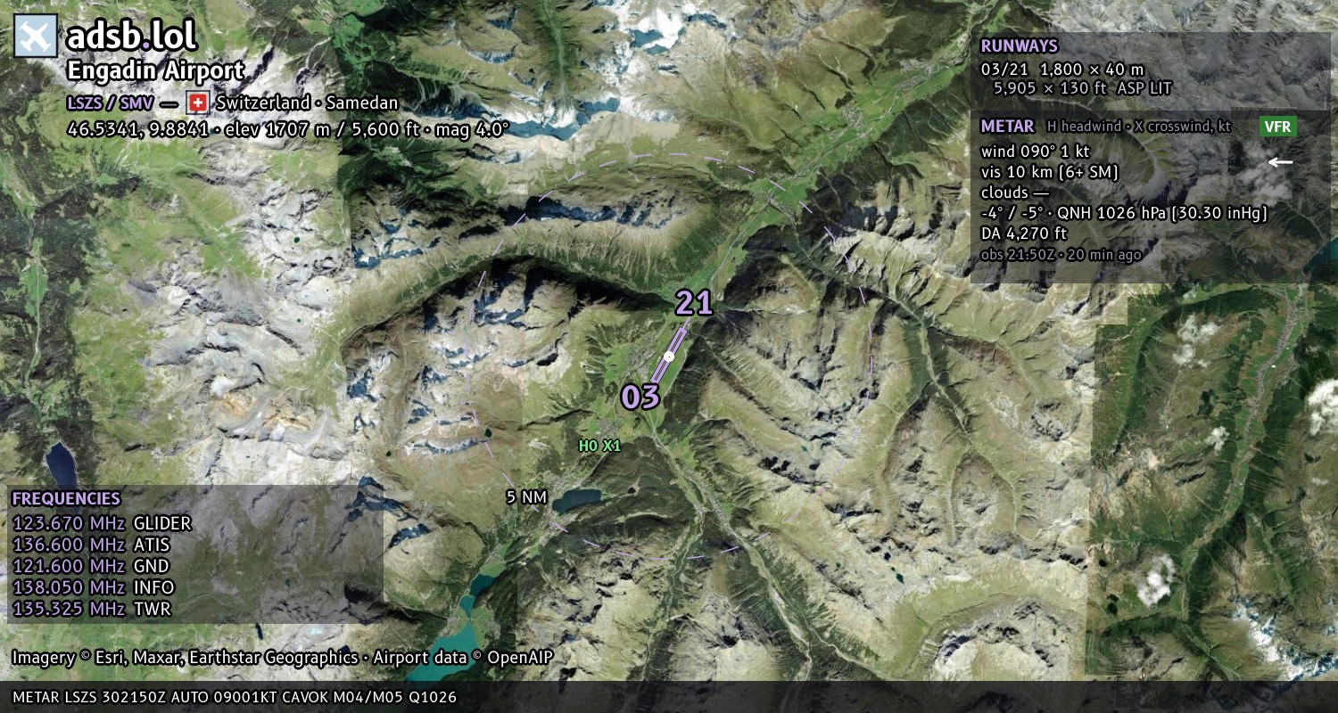 Satellite map with the runway layout of Engadin Airport (LSZS)
