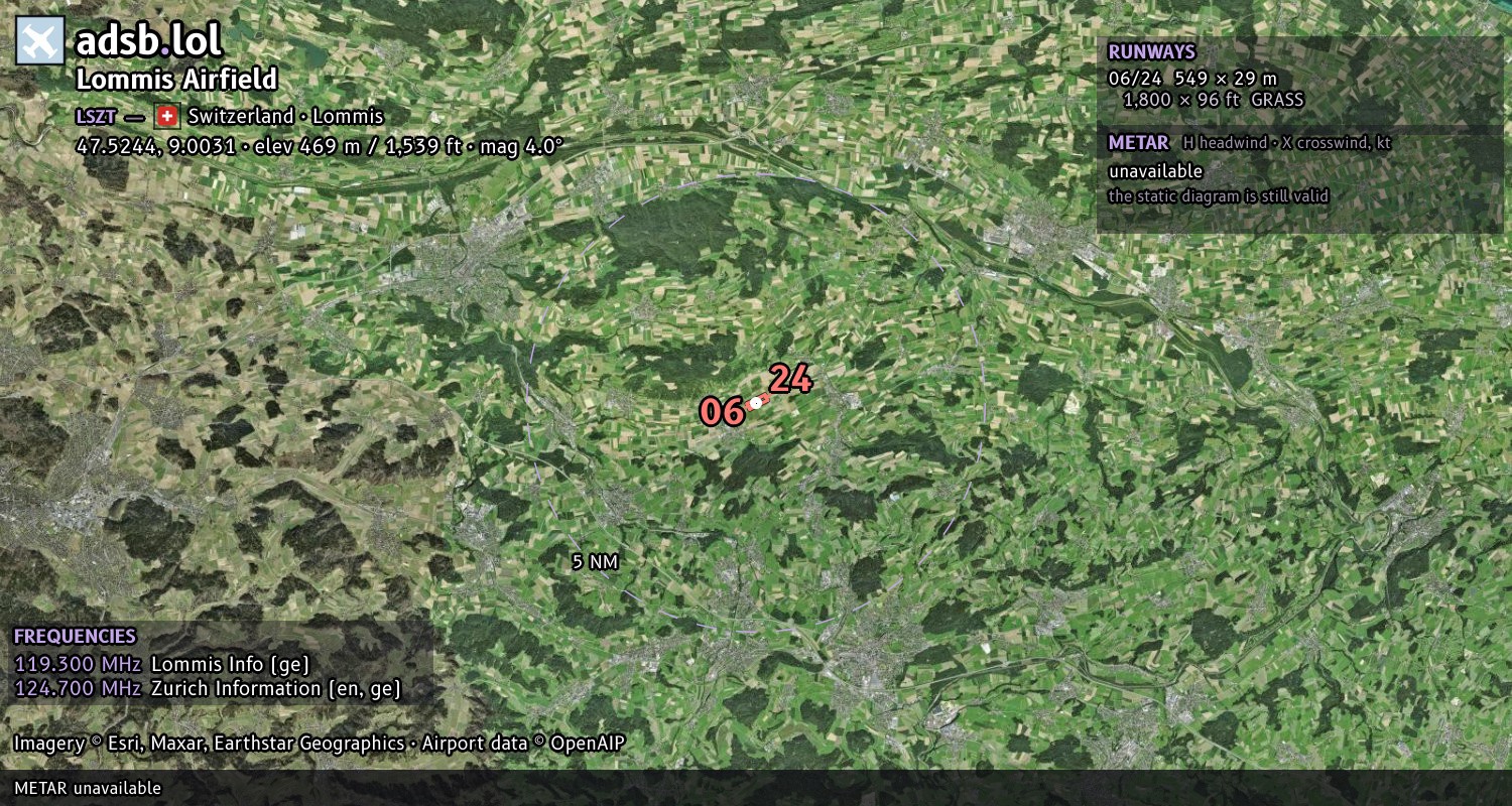 Satellite map with the runway layout of Lommis Airfield (LSZT)