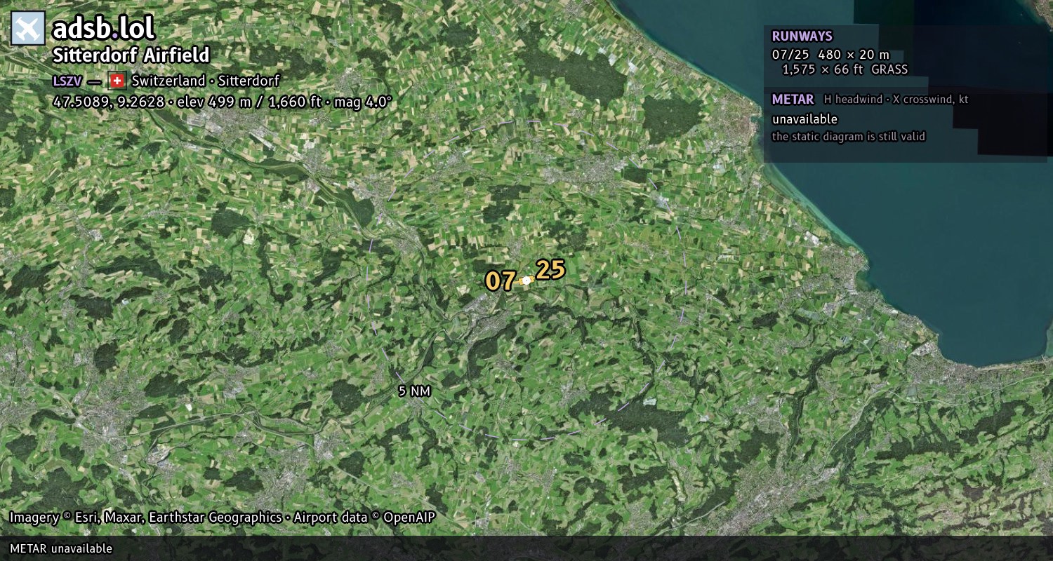Satellite map with the runway layout of Sitterdorf Airfield (LSZV)