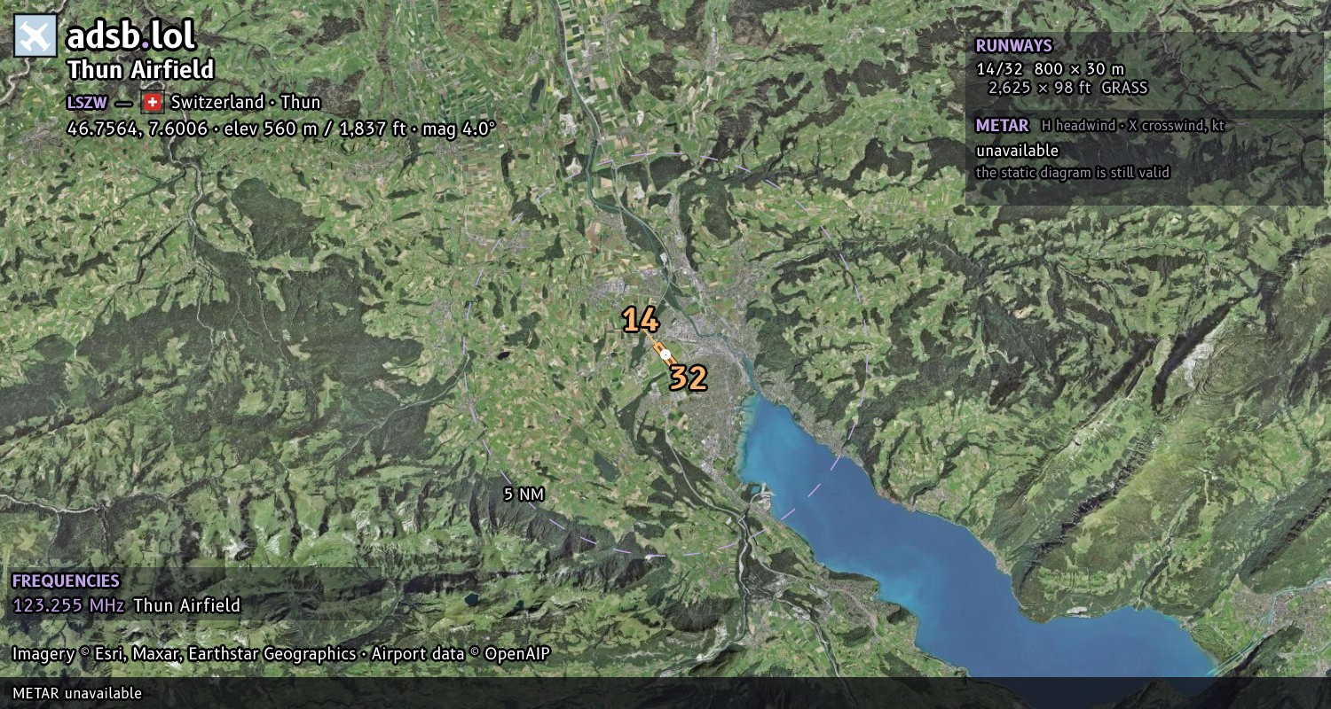 Satellite map with the runway layout of Thun Airfield (LSZW)
