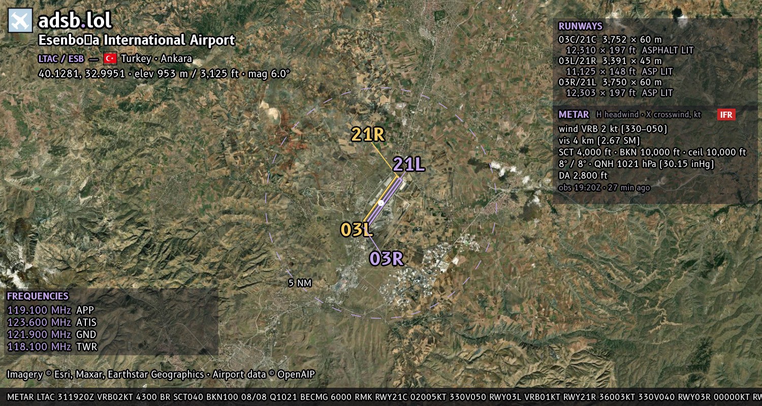 Satellite map with the runway layout of Esenboğa International Airport (LTAC)