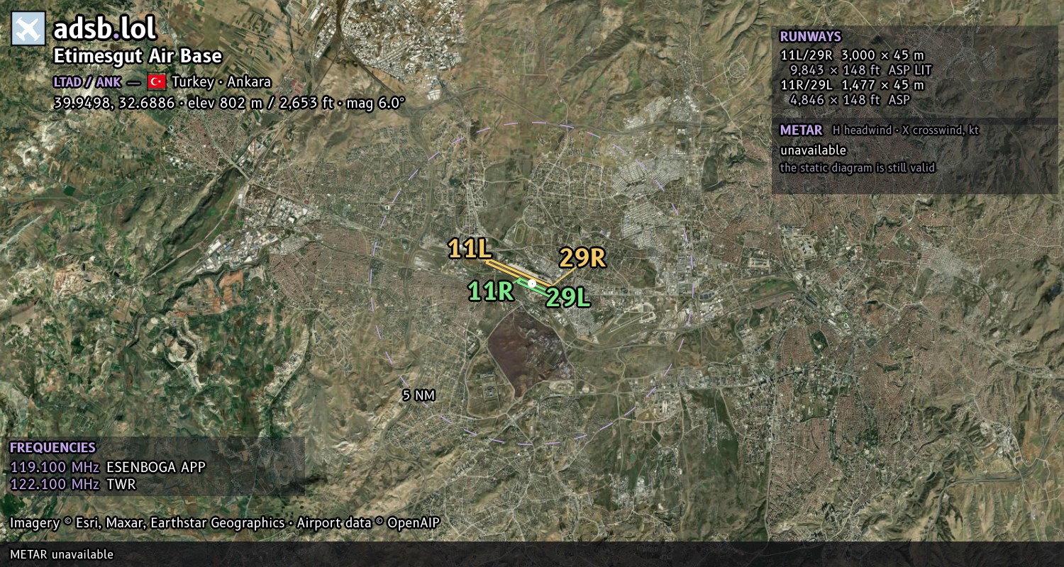 Satellite map with the runway layout of Etimesgut Air Base (LTAD)