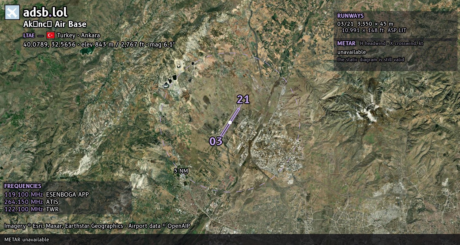 Satellite map with the runway layout of Akıncı Air Base (LTAE)