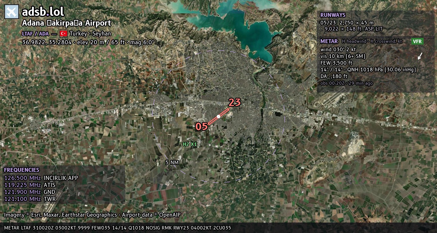 Satellite map with the runway layout of Adana Şakirpaşa Airport (LTAF)