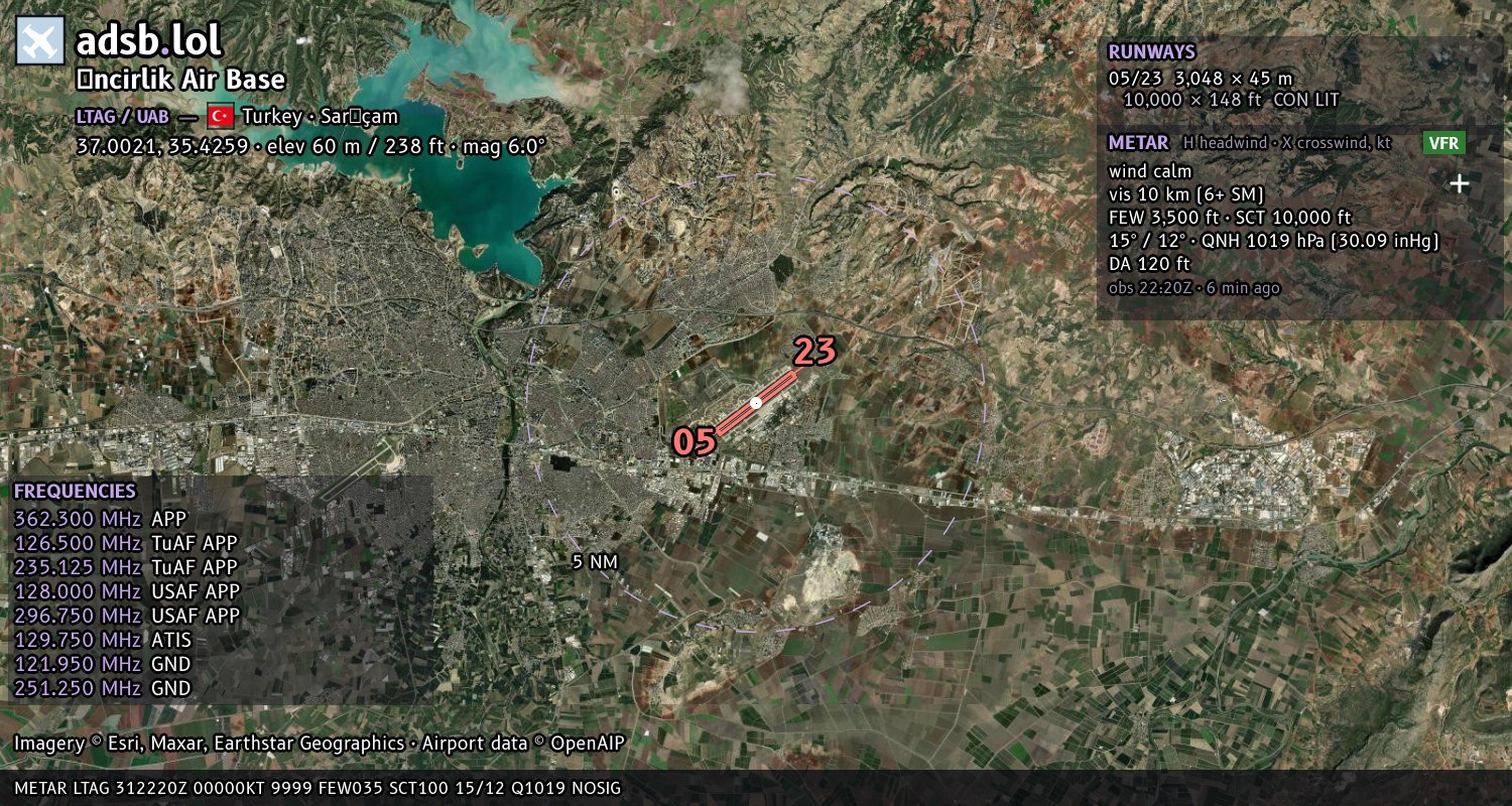 Satellite map with the runway layout of İncirlik Air Base (LTAG)