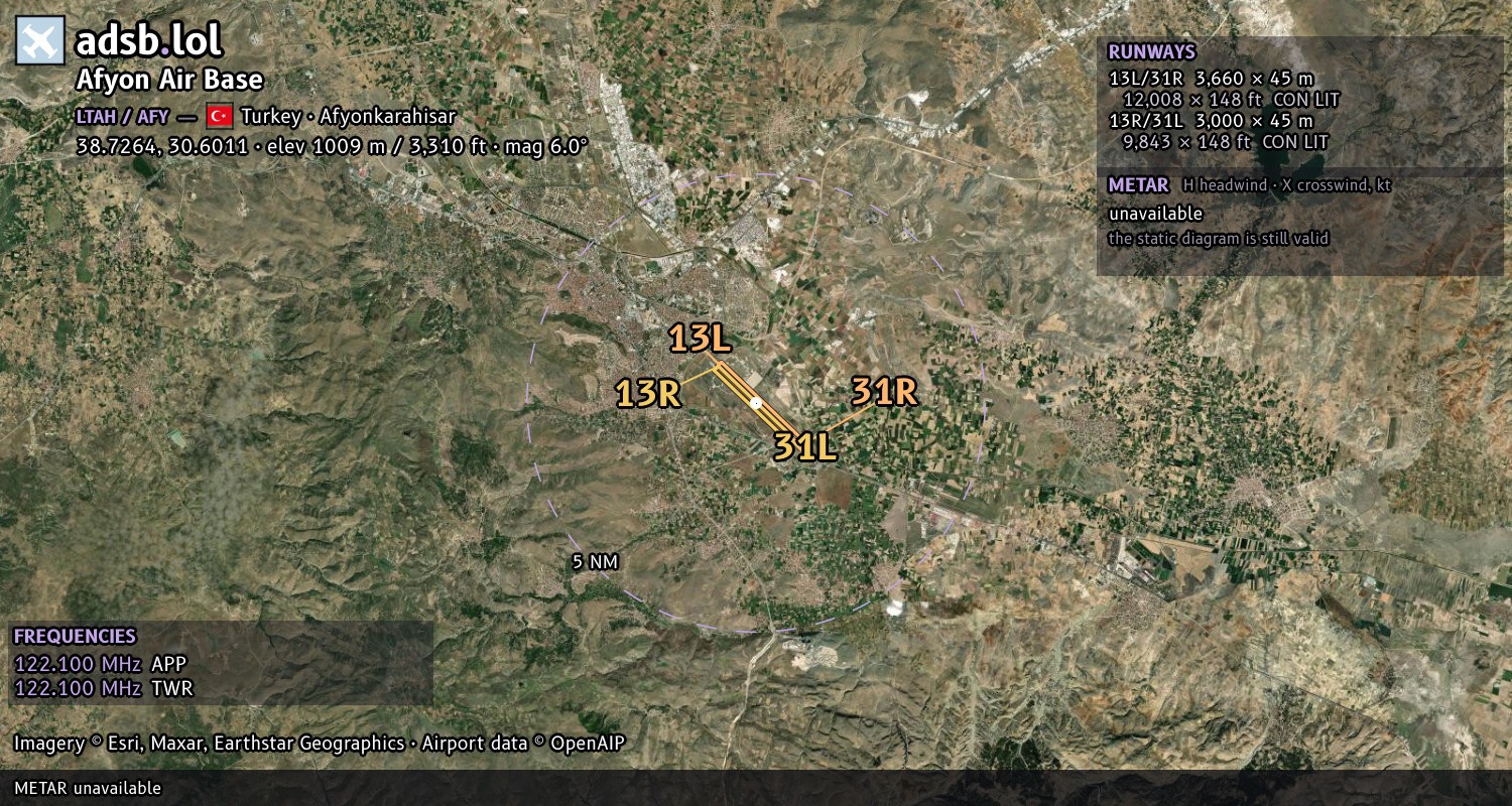 Satellite map with the runway layout of Afyon Air Base (LTAH)