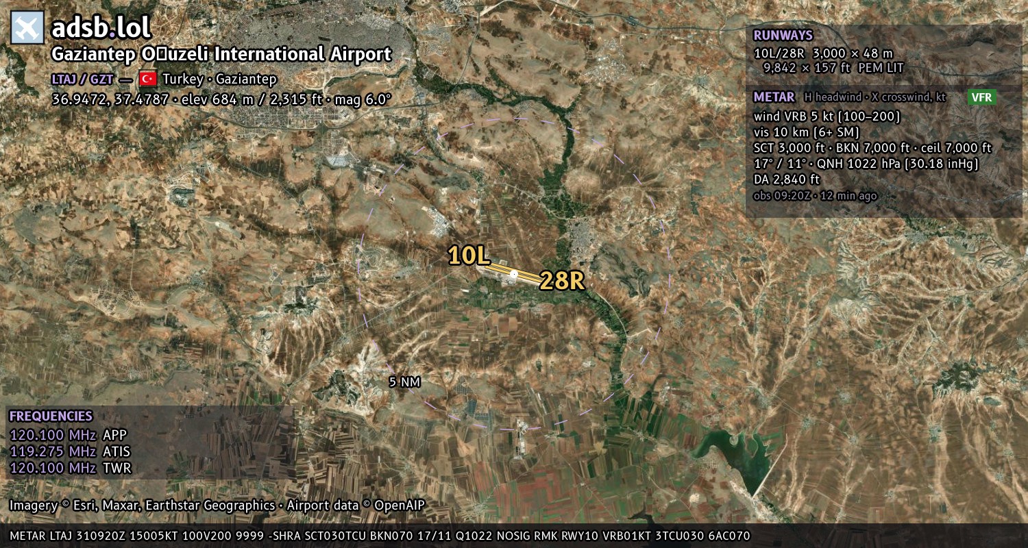 Satellite map with the runway layout of Gaziantep Oğuzeli International Airport (LTAJ)