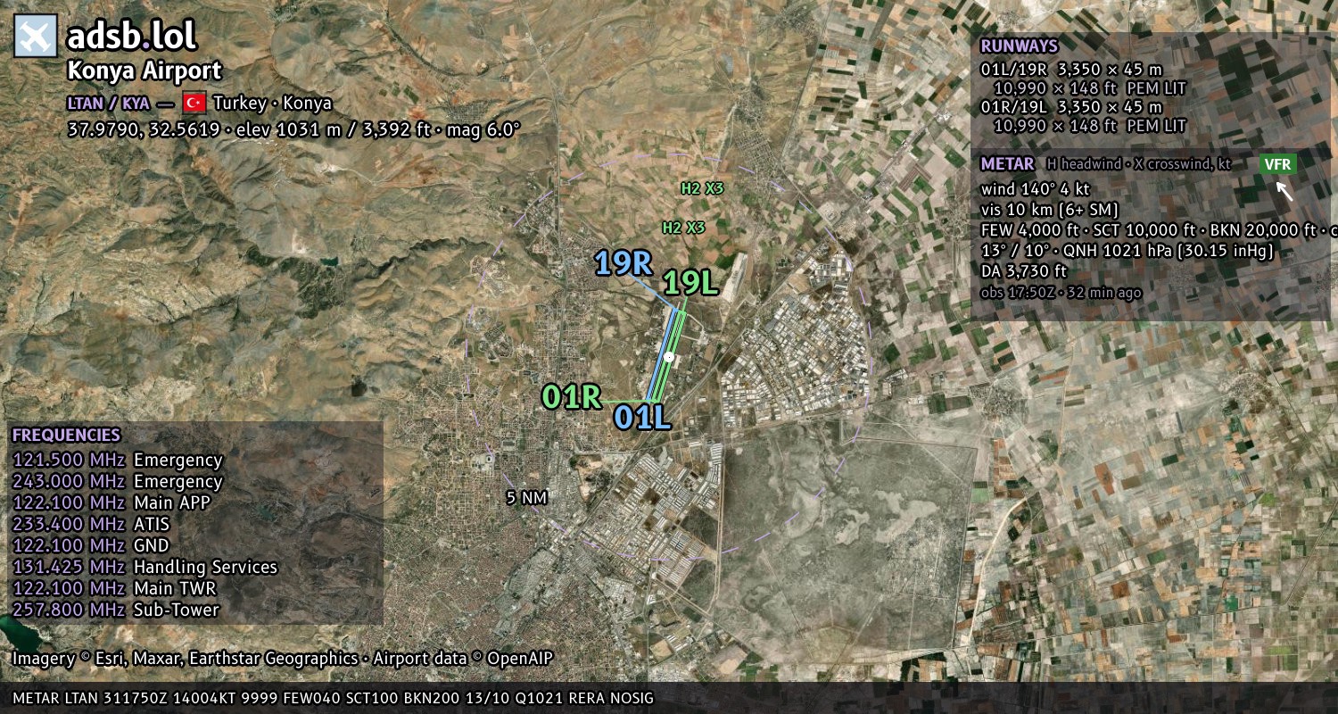 Satellite map with the runway layout of Konya Airport (LTAN)