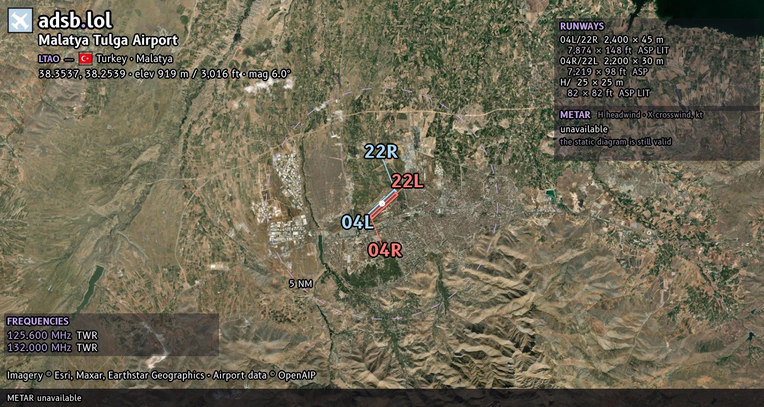 Satellite map with the runway layout of Malatya Tulga Airport (LTAO)