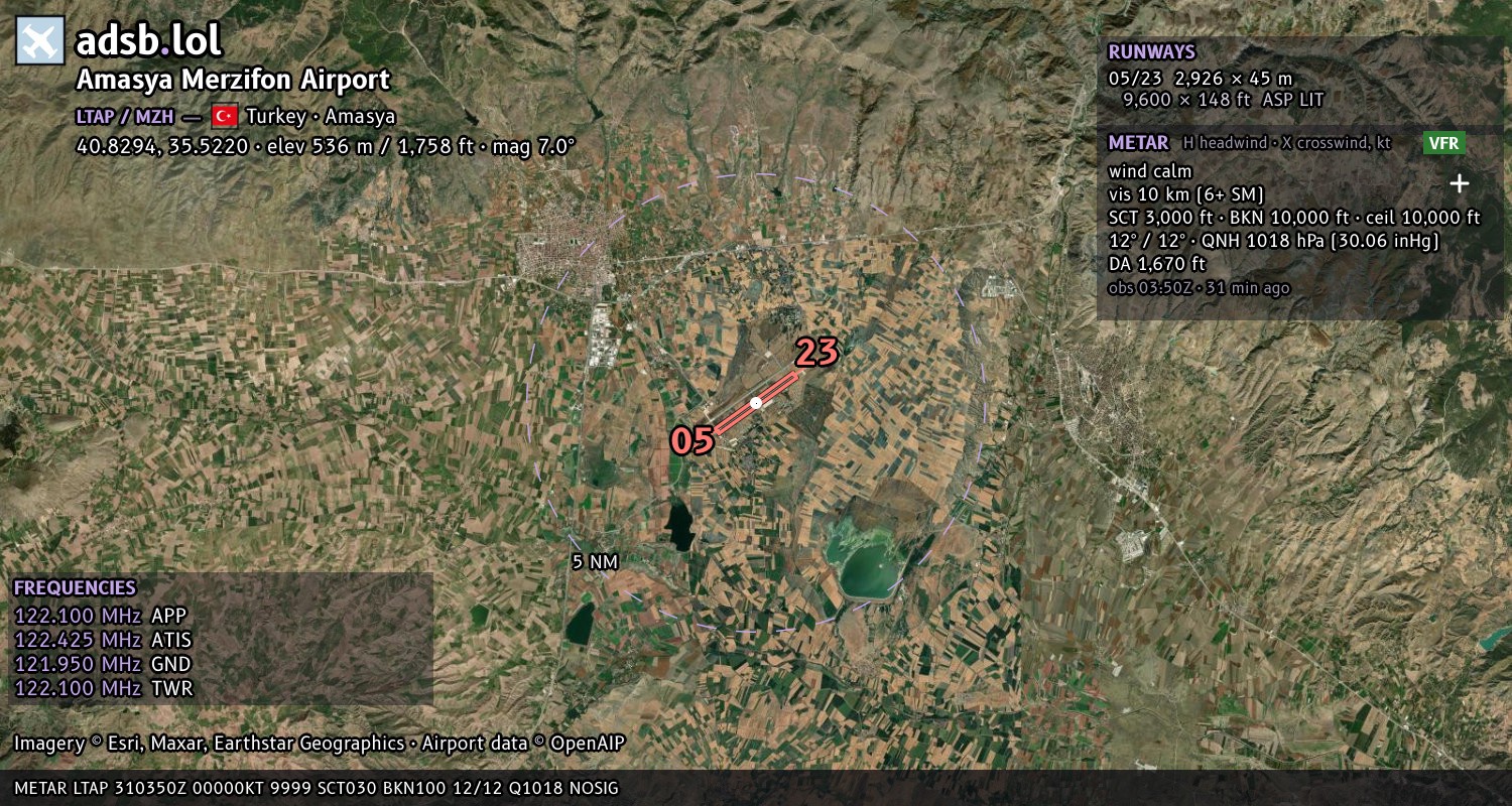 Satellite map with the runway layout of Amasya Merzifon Airport (LTAP)
