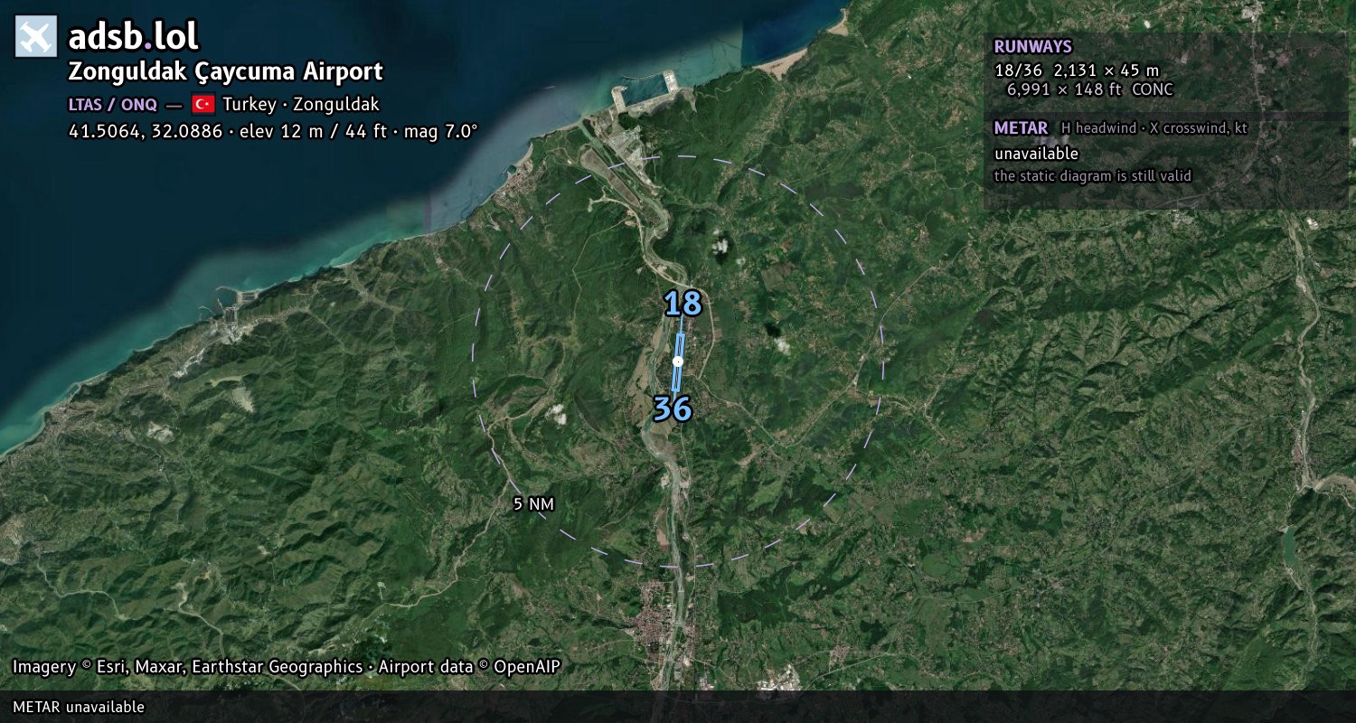 Satellite map with the runway layout of Zonguldak Çaycuma Airport (LTAS)