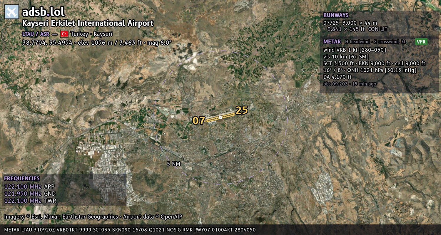 Satellite map with the runway layout of Kayseri Erkilet International Airport (LTAU)