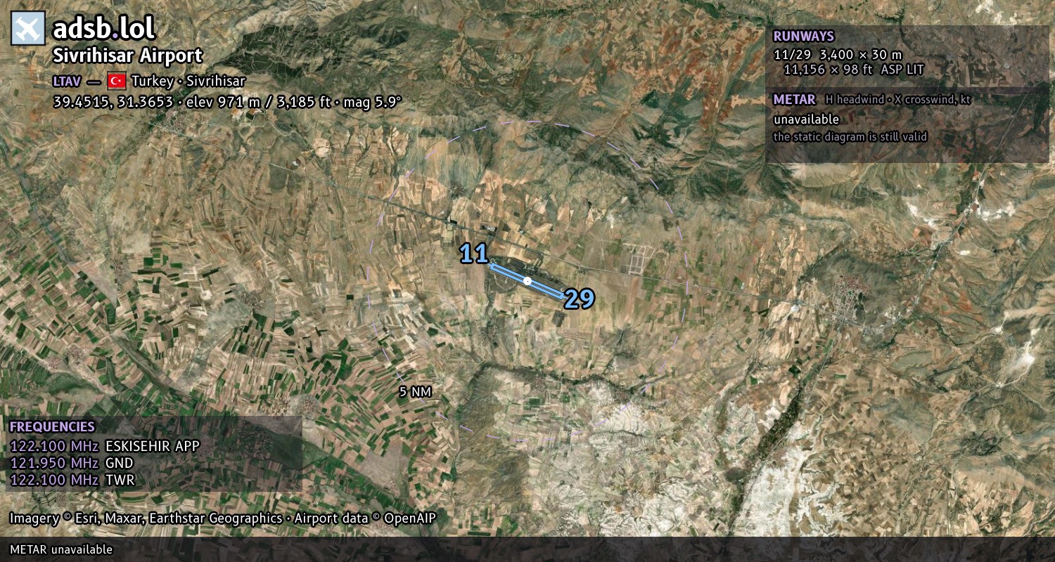 Satellite map with the runway layout of Sivrihisar Airport (LTAV)