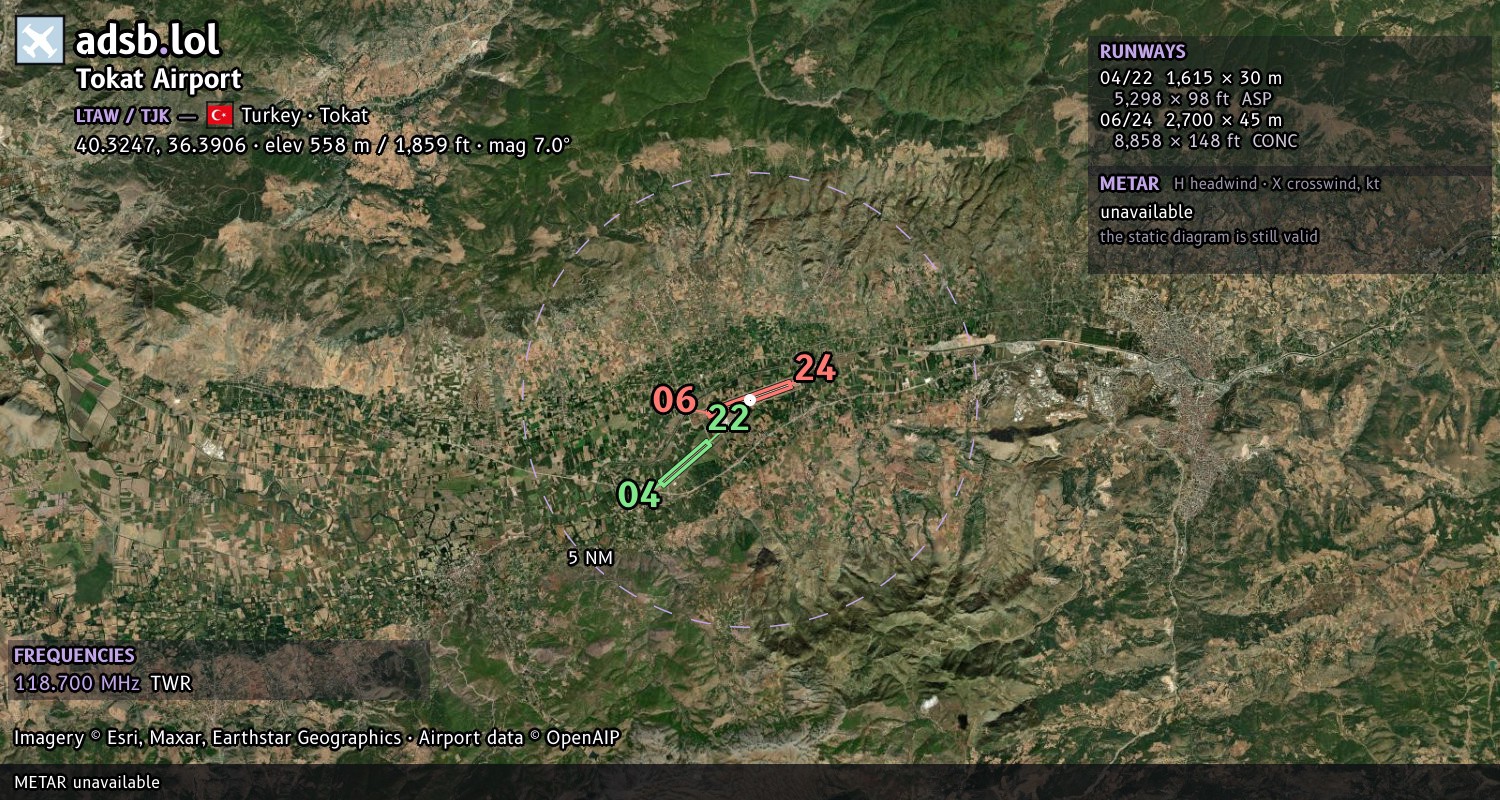 Satellite map with the runway layout of Tokat Airport (LTAW)