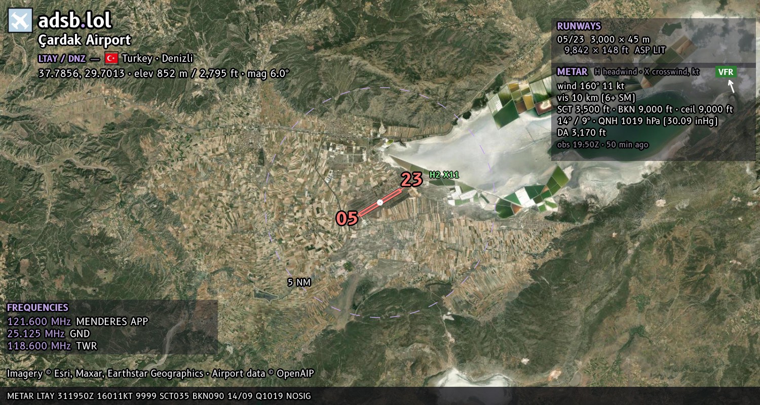 Satellite map with the runway layout of Çardak Airport (LTAY)