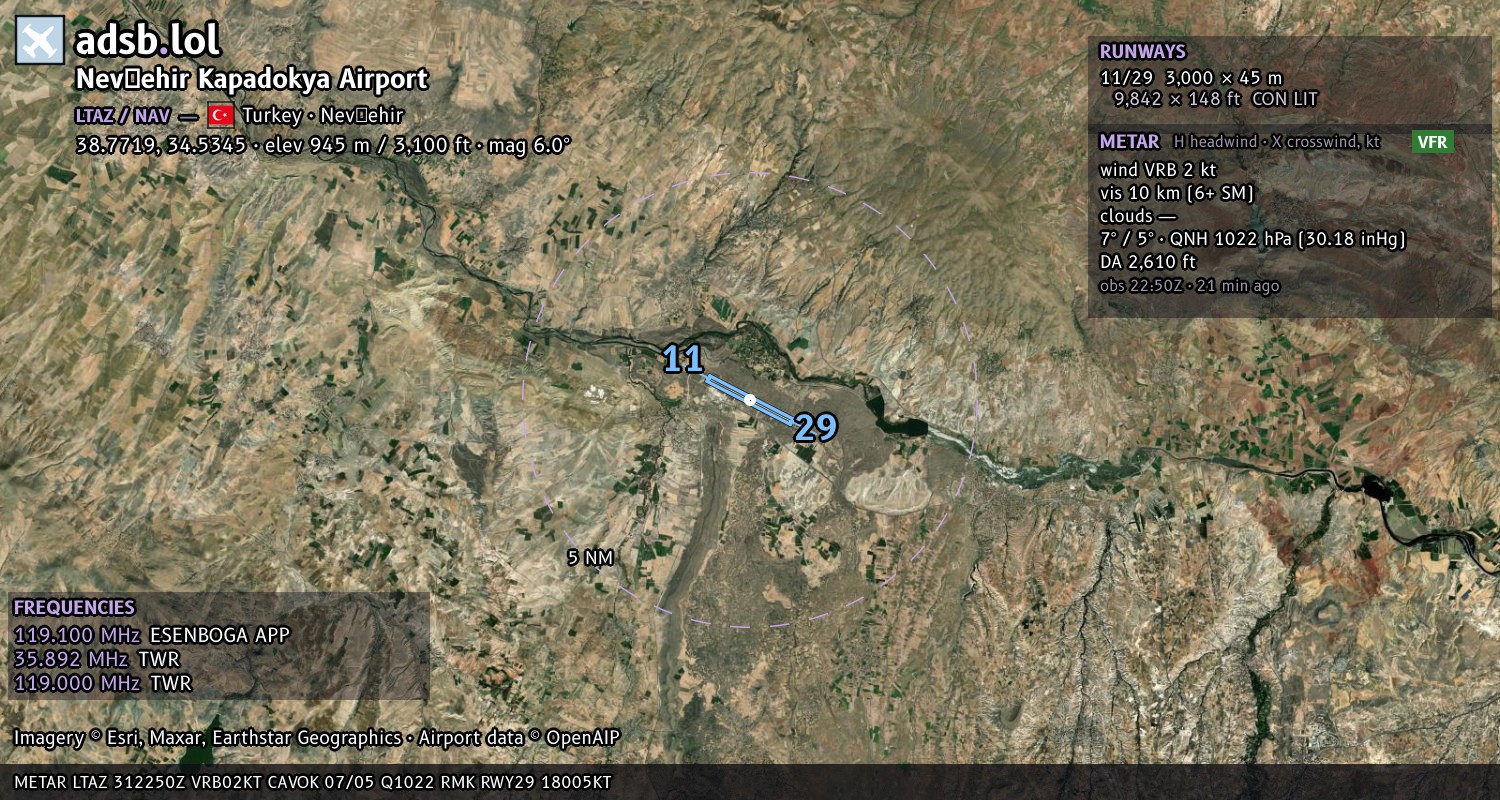 Satellite map with the runway layout of Nevşehir Kapadokya Airport (LTAZ)