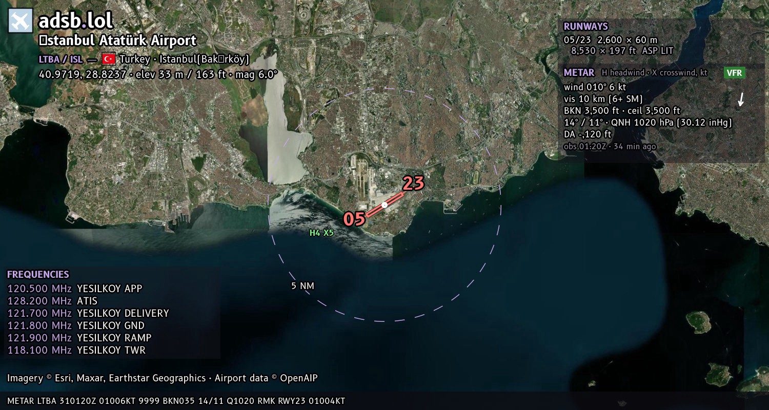 Satellite map with the runway layout of İstanbul Atatürk Airport (LTBA)