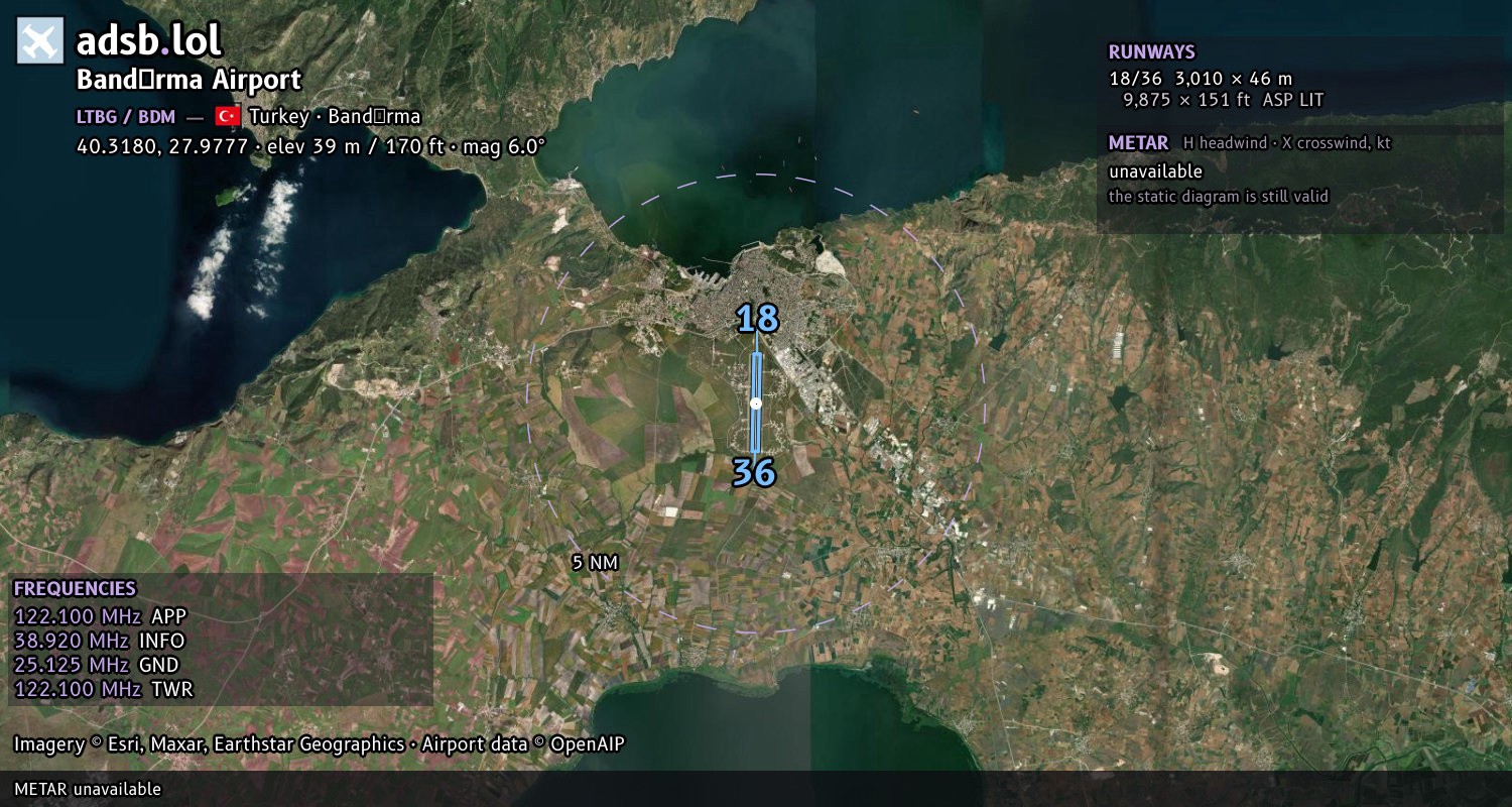Satellite map with the runway layout of Bandırma Airport (LTBG)