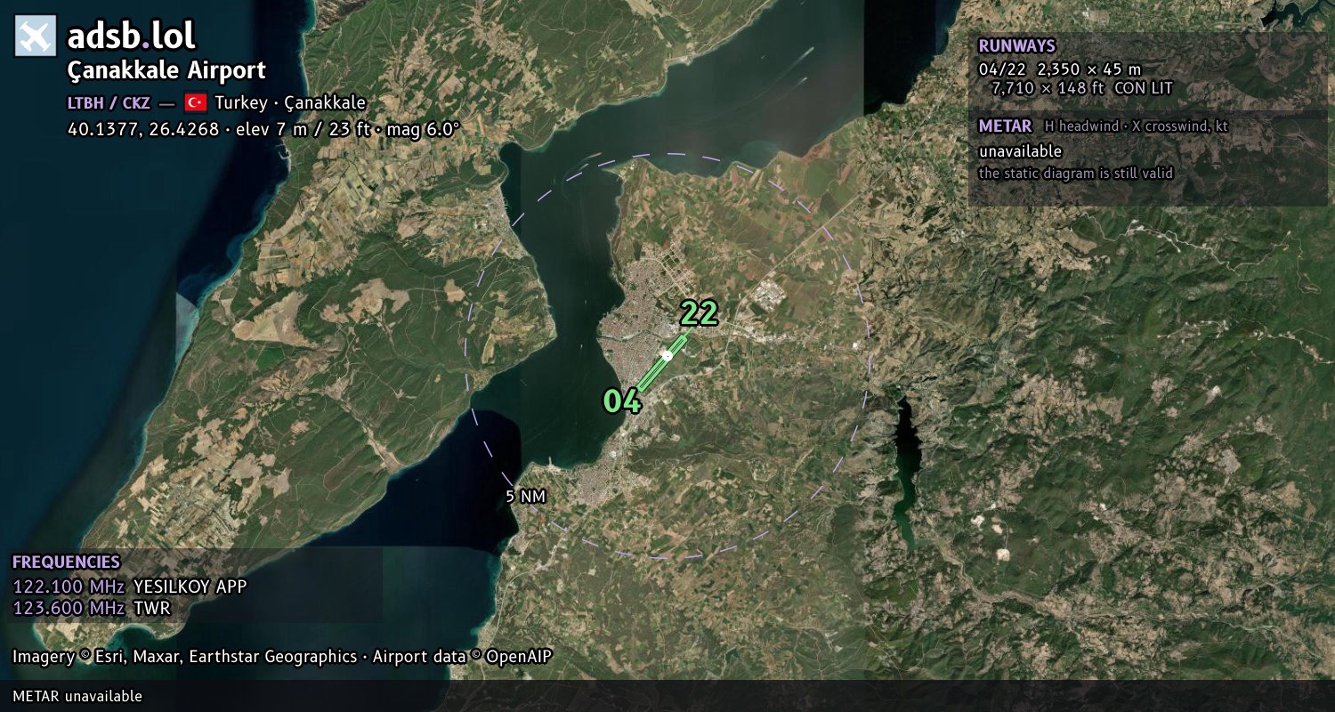 Satellite map with the runway layout of Çanakkale Airport (LTBH)