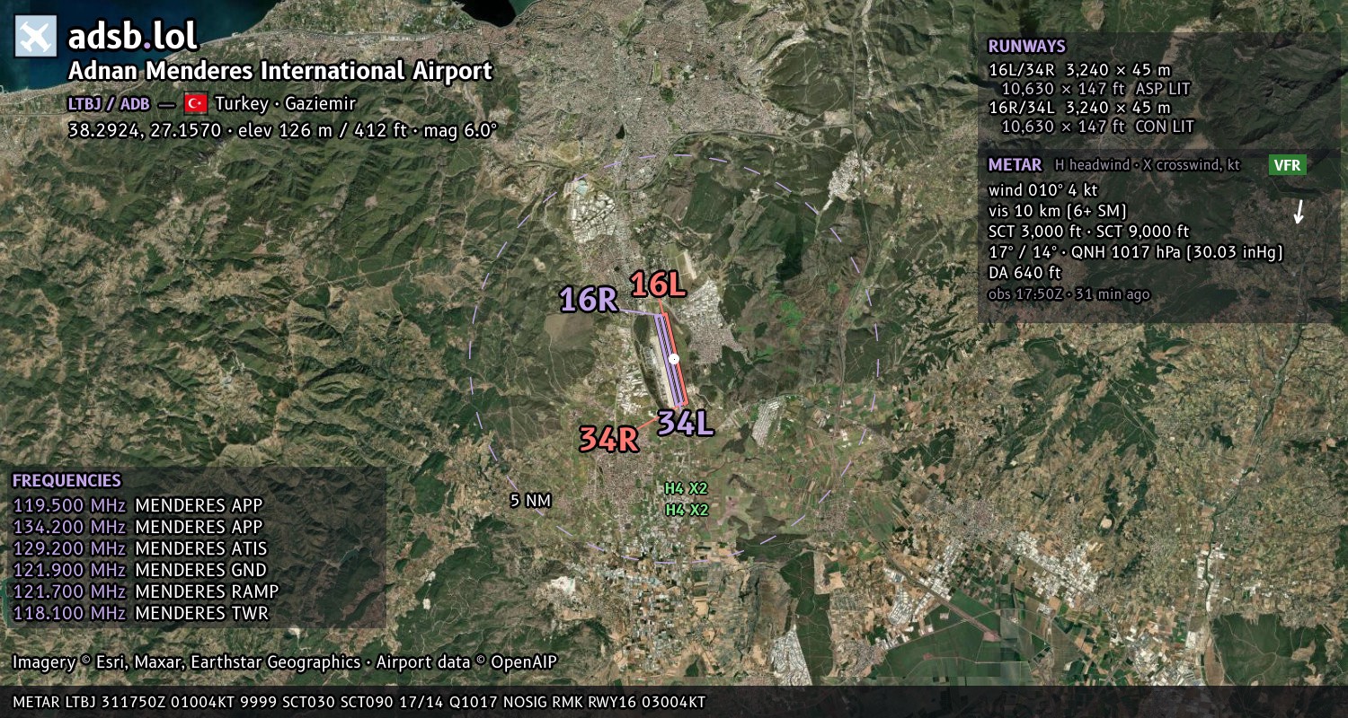 Satellite map with the runway layout of Adnan Menderes International Airport (LTBJ)