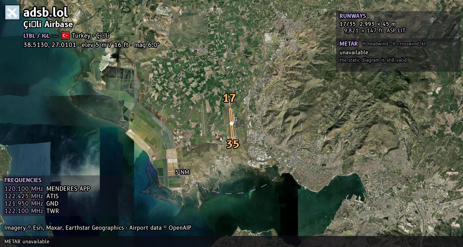 Satellite map with the runway layout of Çiğli Airbase (LTBL)