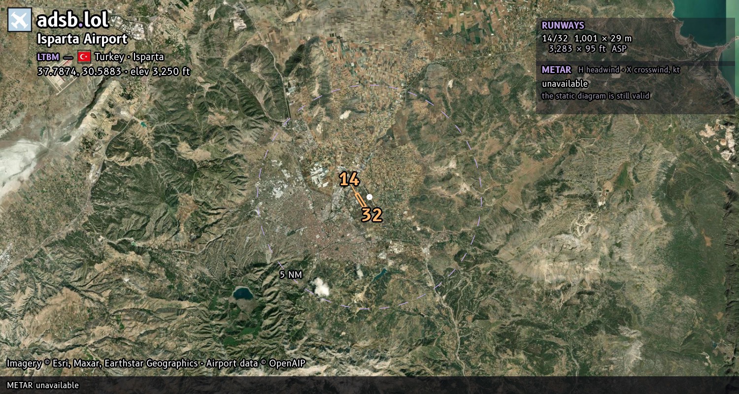 Satellite map with the runway layout of Isparta Airport (LTBM)