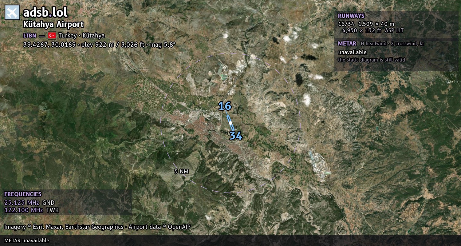 Satellite map with the runway layout of Kütahya Airport (LTBN)