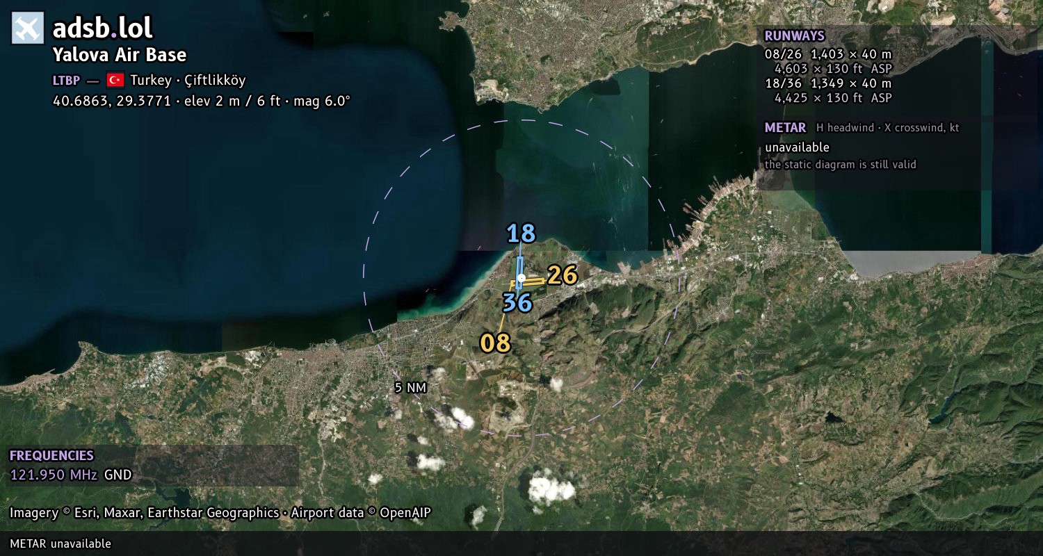 Satellite map with the runway layout of Yalova Air Base (LTBP)