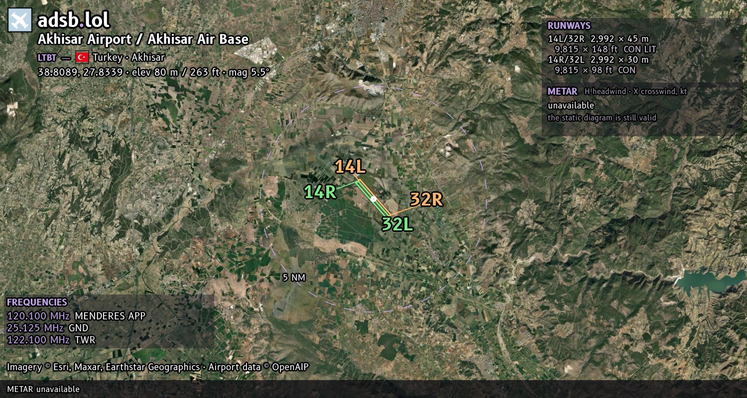 Satellite map with the runway layout of Akhisar Airport / Akhisar Air Base (LTBT)