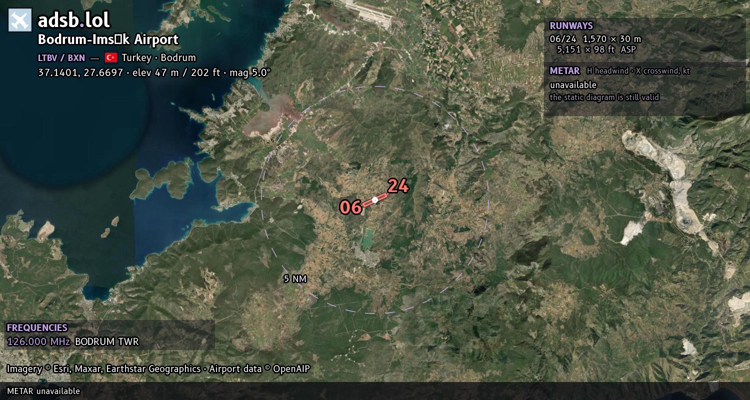 Satellite map with the runway layout of Bodrum-Imsık Airport (LTBV)