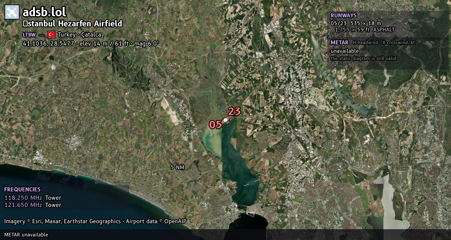 Satellite map with the runway layout of İstanbul Hezarfen Airfield (LTBW)