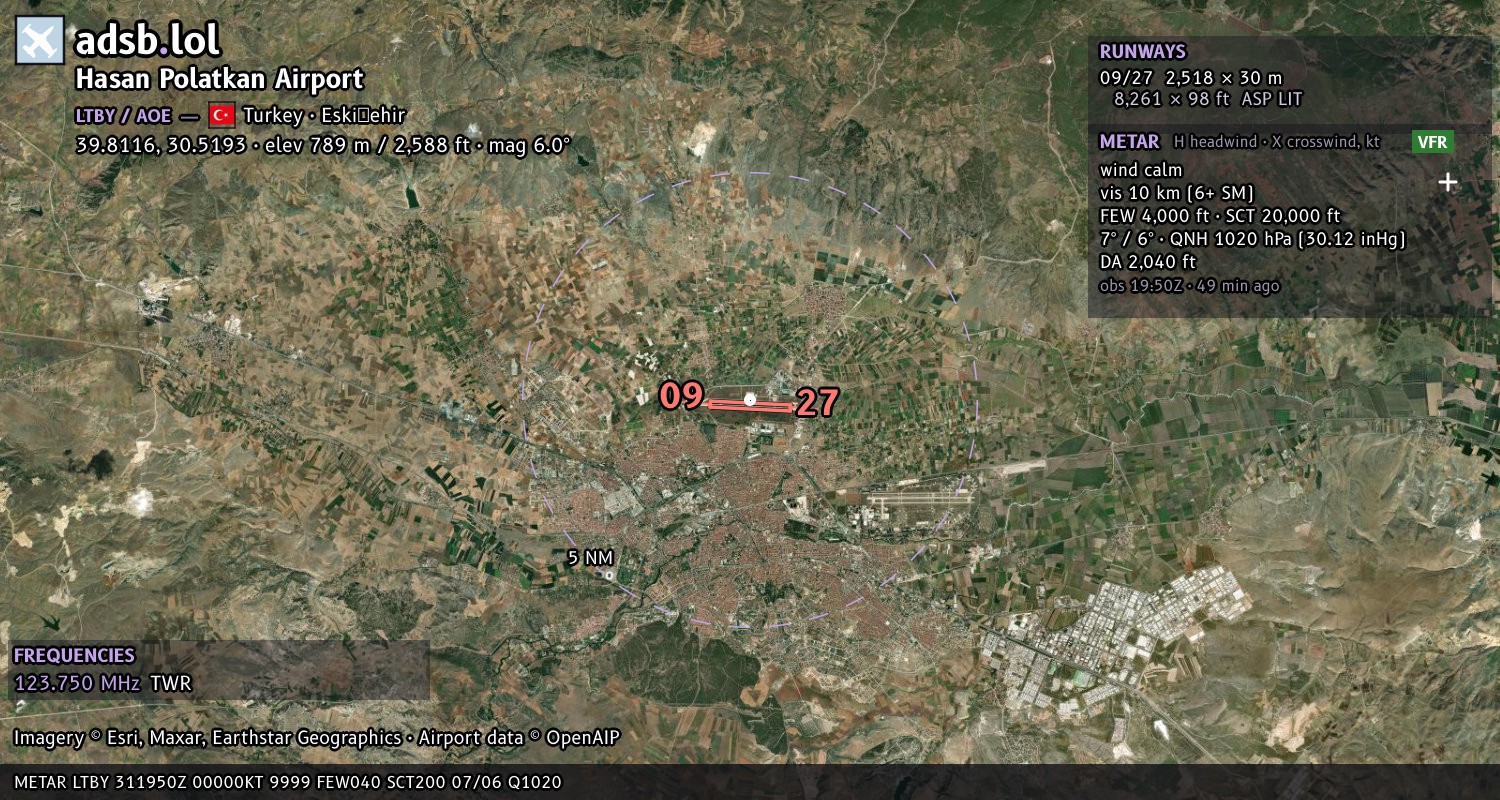 Satellite map with the runway layout of Hasan Polatkan Airport (LTBY)