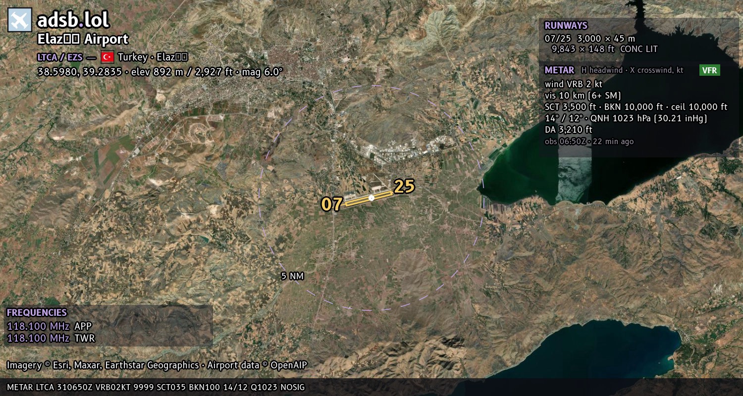 Satellite map with the runway layout of Elazığ Airport (LTCA)