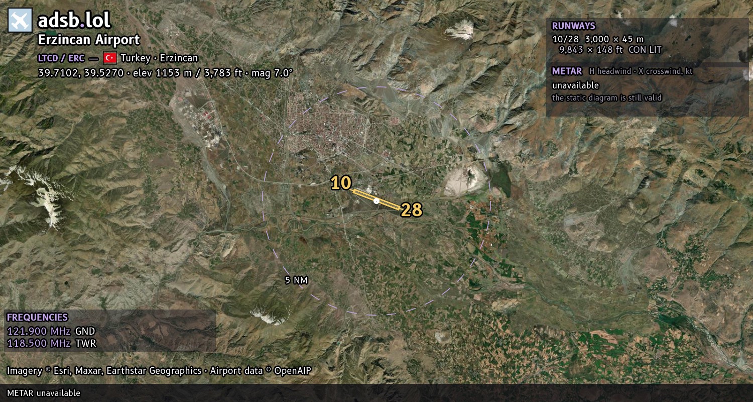 Satellite map with the runway layout of Erzincan Airport (LTCD)