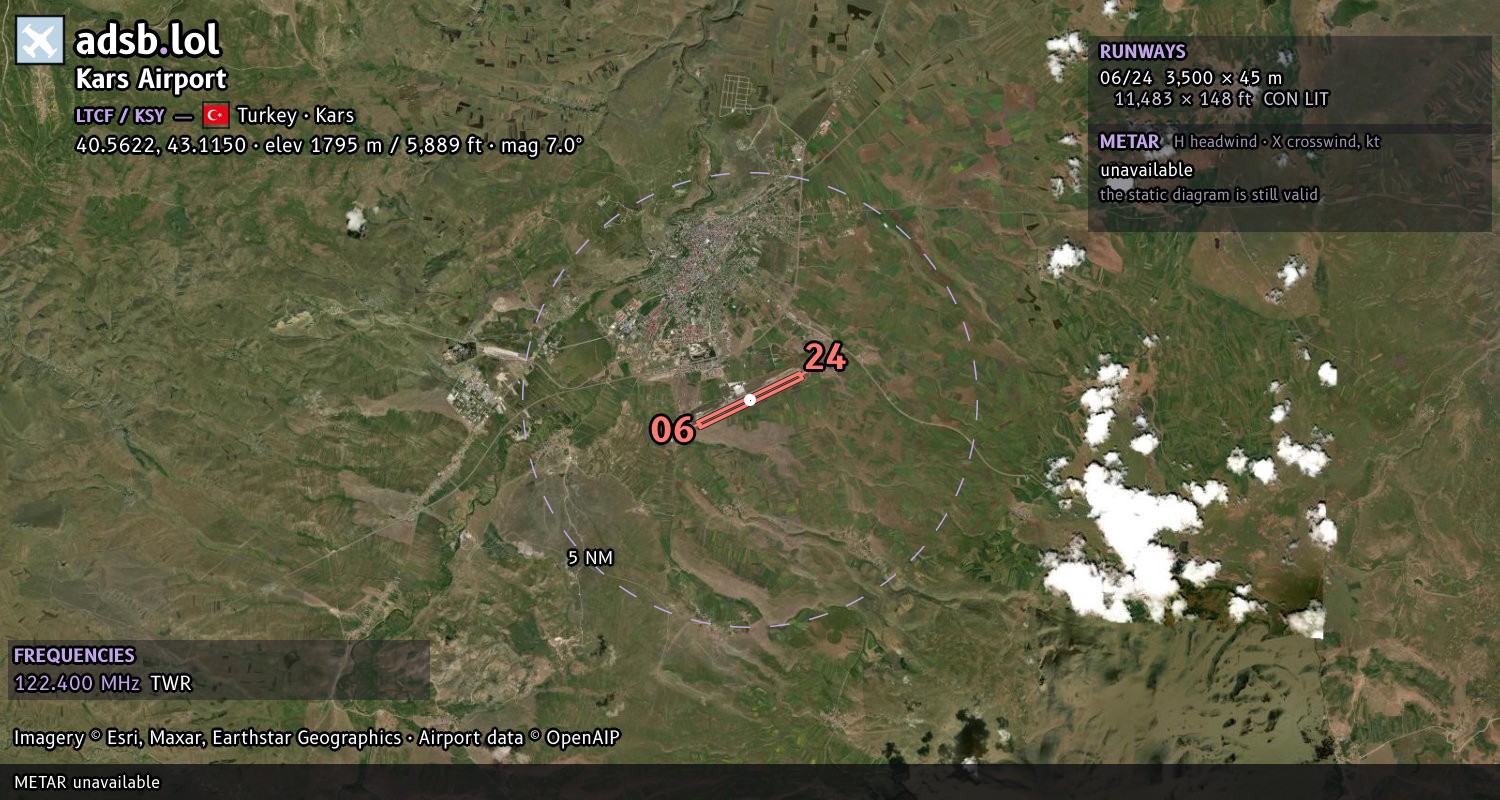 Satellite map with the runway layout of Kars Airport (LTCF)