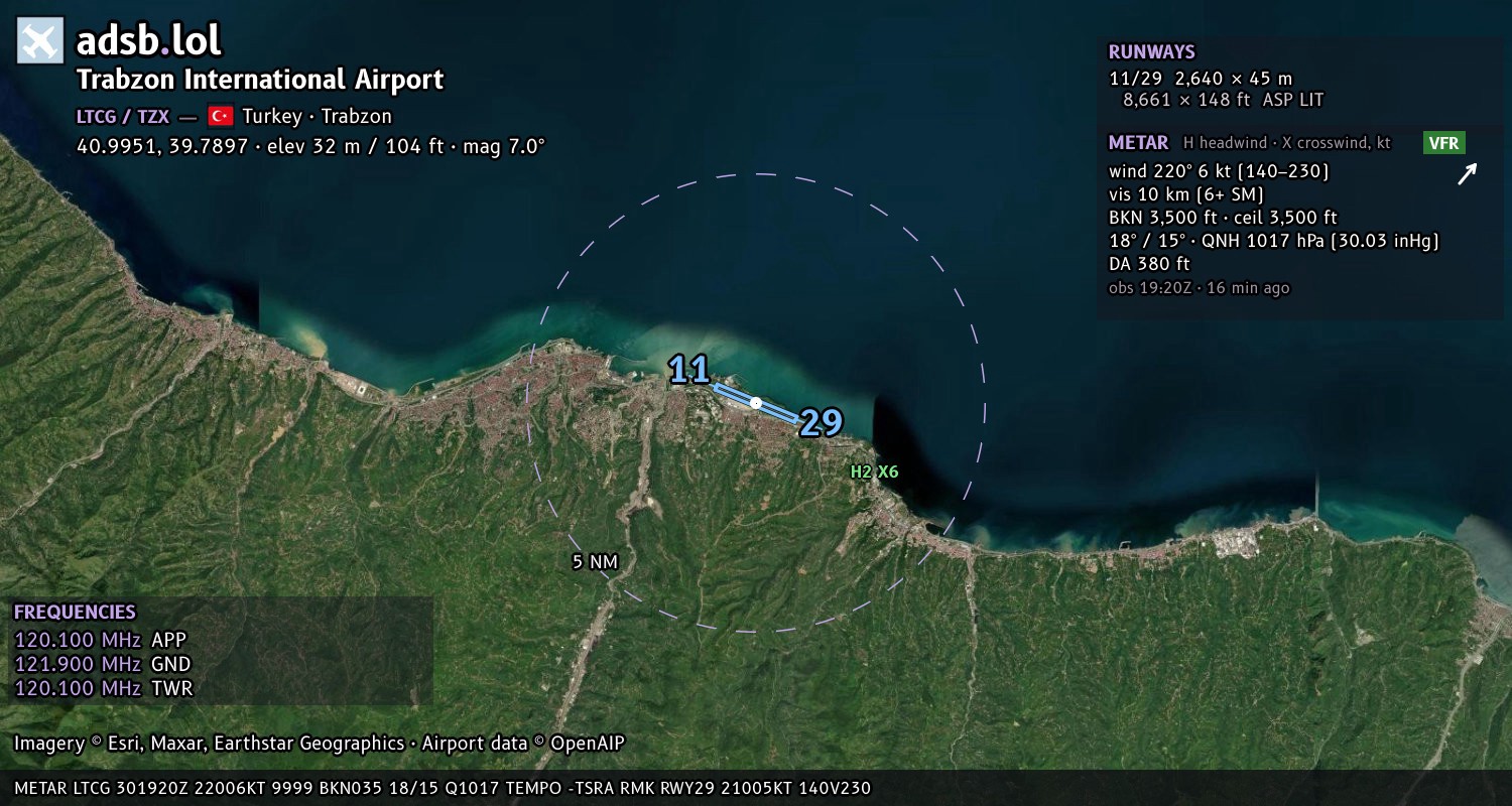 Satellite map with the runway layout of Trabzon International Airport (LTCG)