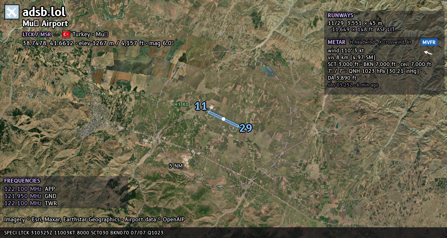 Satellite map with the runway layout of Muş Airport (LTCK)