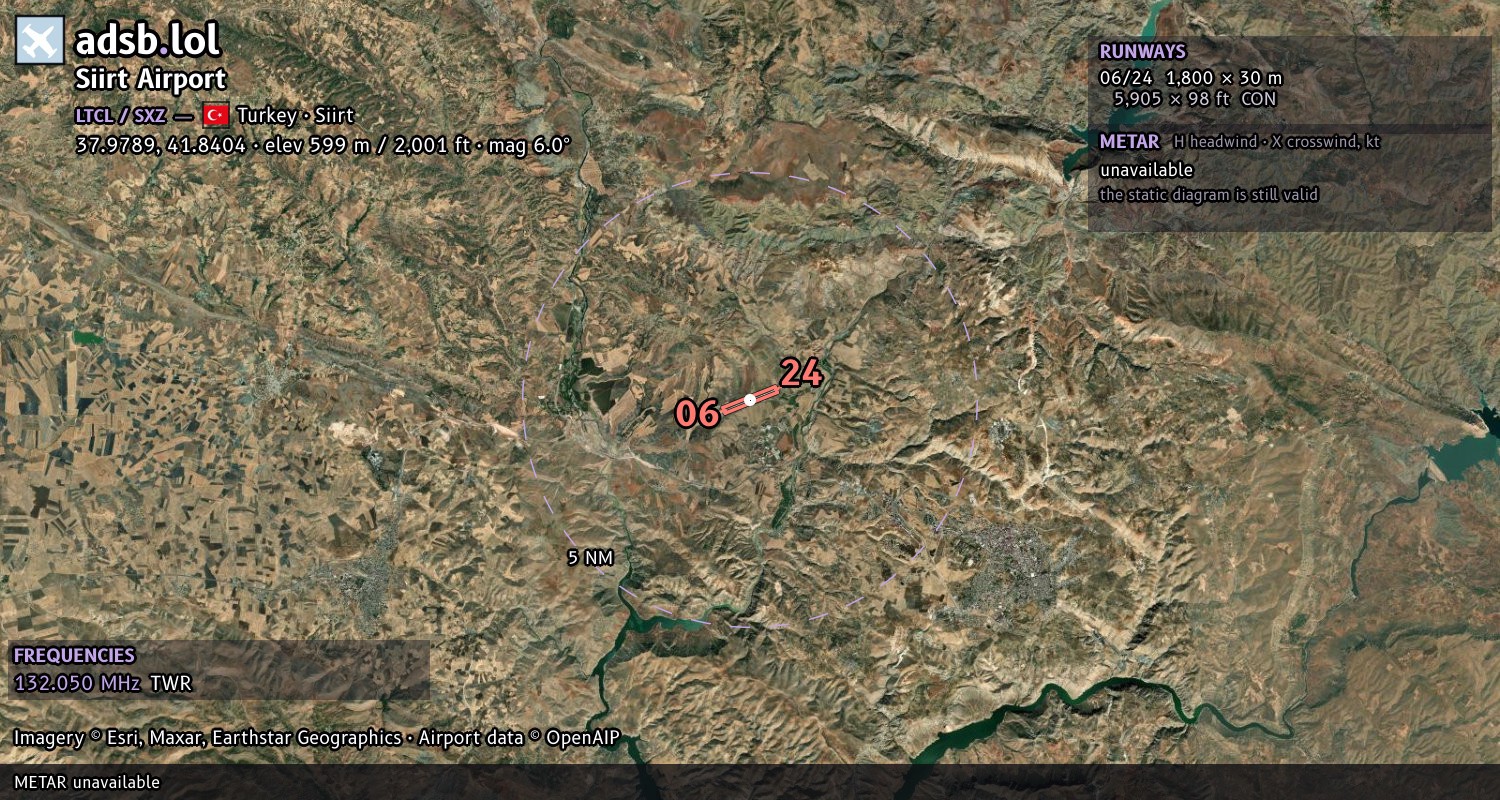 Satellite map with the runway layout of Siirt Airport (LTCL)