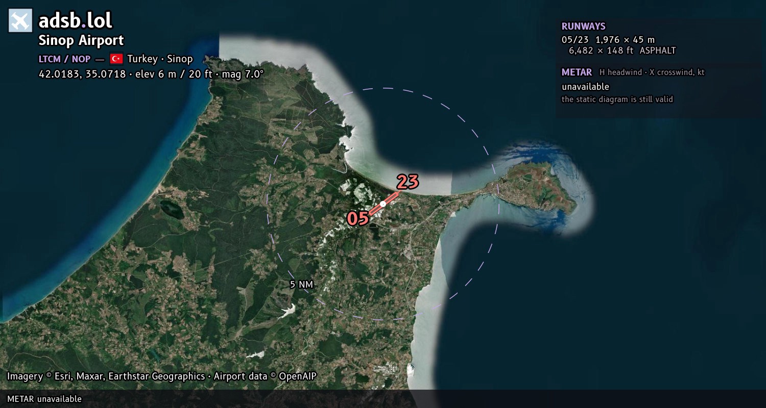 Satellite map with the runway layout of Sinop Airport (LTCM)
