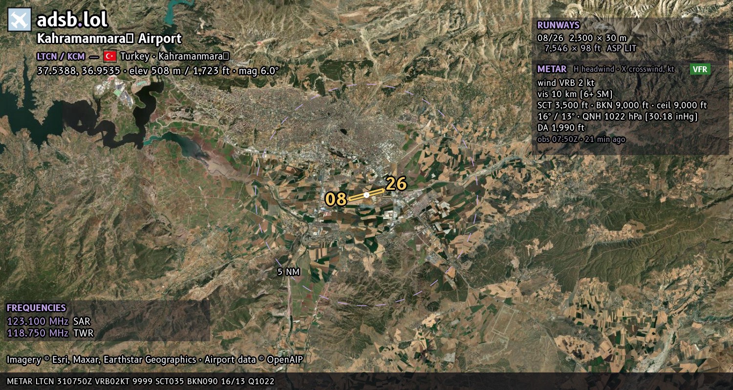 Satellite map with the runway layout of Kahramanmaraş Airport (LTCN)