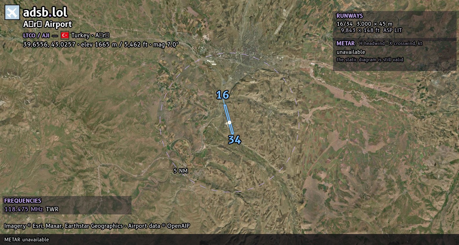Satellite map with the runway layout of Ağrı Airport (LTCO)