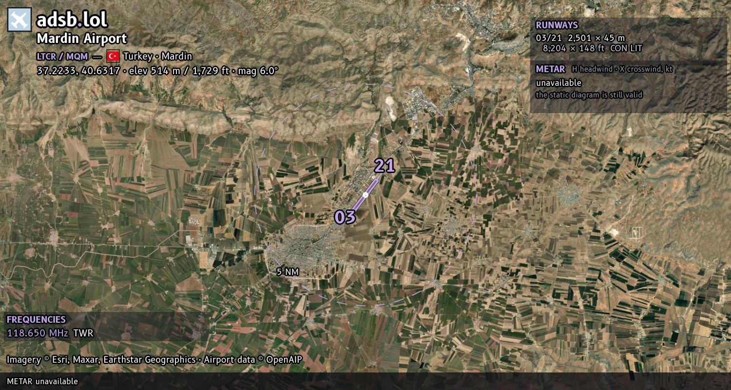 Satellite map with the runway layout of Mardin Airport (LTCR)