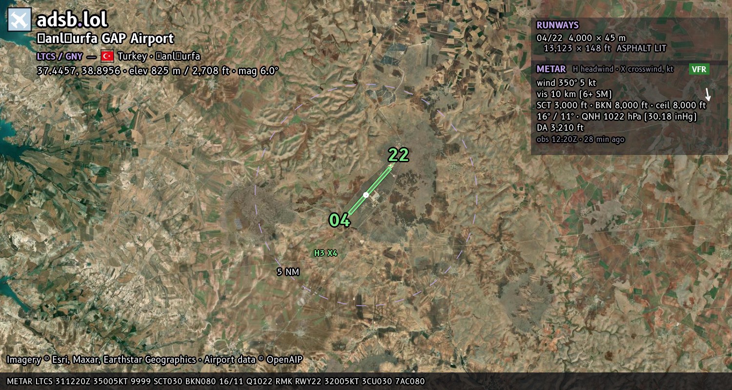 Satellite map with the runway layout of Şanlıurfa GAP Airport (LTCS)